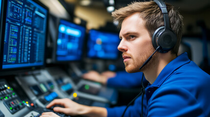 Young Man in Headset Working on Advanced Computer Screens in Control Room Environment