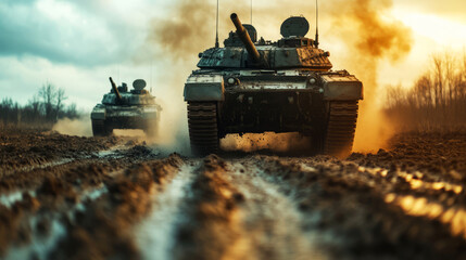 Military Vehicles Advancing Through Muddy Terrain at Sunset in a War Zone Landscape