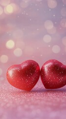 Obraz premium Two sparkling red hearts create a romantic atmosphere against a soft pink backdrop