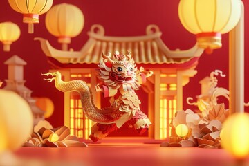 Obraz premium Chinese New Year Celebration: Golden Lion Dance Under Festive Lanterns and Pagoda