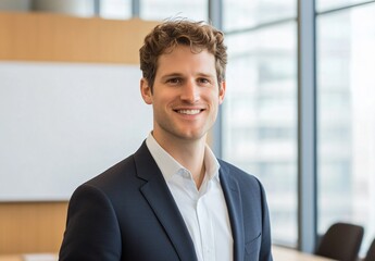 A warm-toned office with a city skyline view, featuring a conference room with a meeting table, blank whiteboard, and a focus on development planning, teamwork, and business financial strategies, with