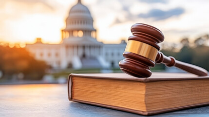 Obraz premium Gavel and Law Book Against Background of Historic Government Building at Sunset