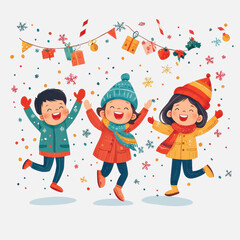 Fototapeta premium Joyful Children Celebrating Winter Season with Snowflakes, Colorful Decorations, and Cheerful Expressions in a Festive Atmosphere