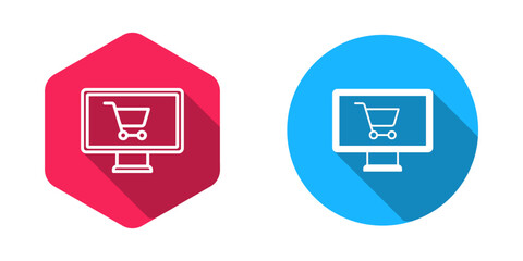 Filled and outline Shopping cart on monitor icon isolated with long shadow background. Concept e-commerce, e-business, online business marketing. Vector