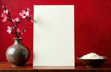 Mock up menu for East Asian restaurant on minimalist background. Red lacquered surface, Japanese style accessories, sakura branch and rice plate