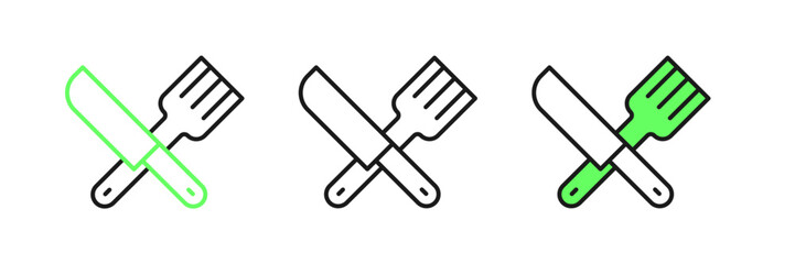 Set line Crossed knife and fork icon isolated on white background. Cutlery symbol. Vector
