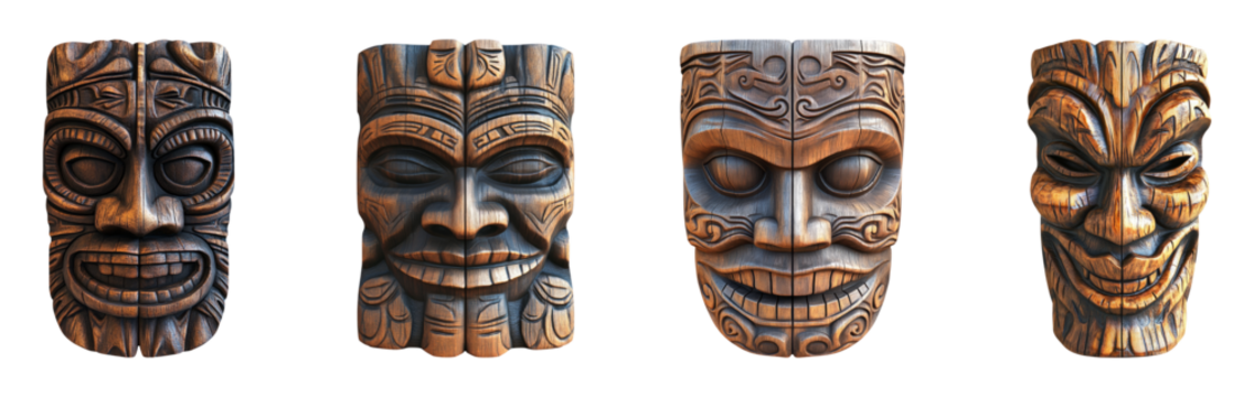 Vintage Wooden Masks on Transparent Background