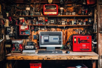 Workshop setup computer and tools station home office space digital workspace cozy environment overhead view crafting and innovation