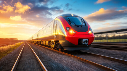 Naklejka premium Modern High-Speed Train in Motion on Tracks Against a Stunning Sunset Background