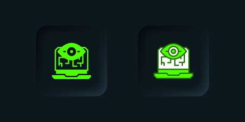 Green Computer vision icon isolated on black background. Technical vision, eye circuit, video surveillance system, augmented reality systems. Black square button. Vector
