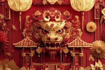 Obraz premium Vibrant Red and Gold Chinese New Year Celebration: A Stunning 3D Paper Art Lion Dance Scene
