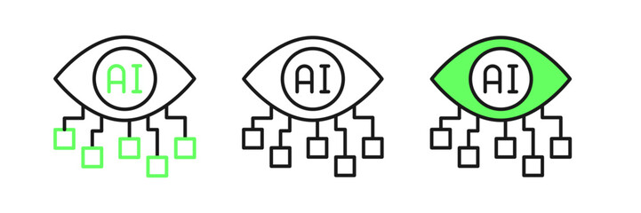 Set line Computer vision icon isolated on white background. Technical vision, eye circuit, video surveillance system, augmented reality systems. Vector