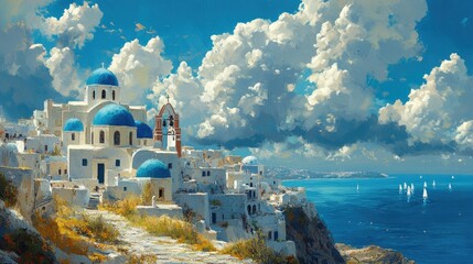 Scenic view of a coastal village with white buildings and blue domes against a vibrant sky.