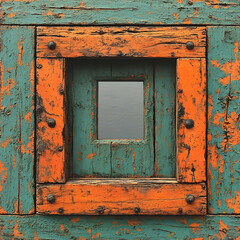 Weathered teal and orange wood framed window.