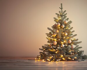 Minimalistic Christmas tree adorned with small ornaments, softly glowing fairy lights creating a warm ambiance with ample space around for text