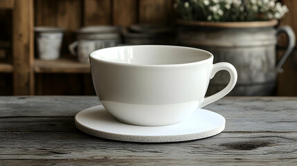 White coffee cup on saucer on wooden table.