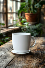 Fototapeta premium White mug on wooden coaster near window.