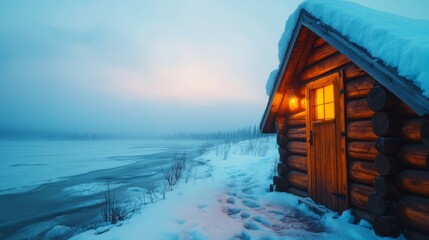 Cozy log cabin by frozen lake during twilight with snow-covered landscape and soft glowing light