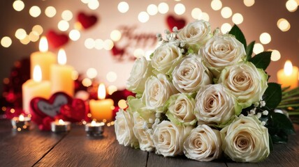 Obraz premium Romantic cream roses with glittering Happy Valentines Day in HD