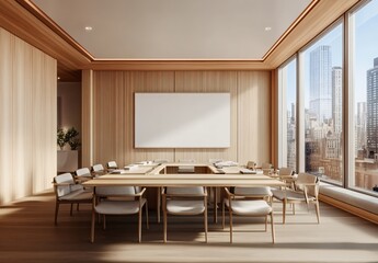 A warm-toned office with a city skyline view, featuring a conference room with a meeting table, blank whiteboard, and a focus on development planning, teamwork, and business financial strategies.