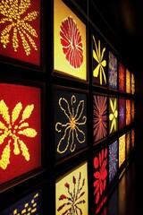Obraz premium Colorful Wall Art Display Featuring Various Floral Patterns Illuminated in Soft Light, Perfect for Home Decor and Modern Interior Design Inspiration