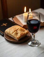 "Holy Communion": A close-up of bread and wine, representing the Eucharist, on a simple table with a Bible and candle.
