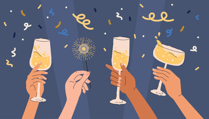 Human hands with champagne glasses and sparklers on confetti background.  Vector illustration of hands clinking glasses with champagne. 