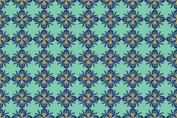 Fototapeta premium A vibrant floral fabric pattern featuring symmetrical navy-blue blossoms with golden accents on a refreshing turquoise background, creating a striking and elegant design