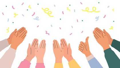 Illustration of hands clapping on a background with confetti. Crowd applause and congratulations on success. Vector illustration