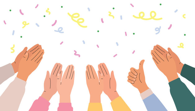 Illustration of hands clapping on a background with confetti. Crowd applause and congratulations on success. Vector illustration