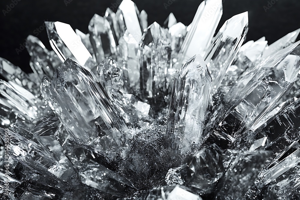 Poster close-up of a cluster of clear quartz crystals on dark background.