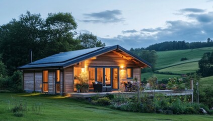 Obraz premium Modern Wooden House with Solar Panels Nestled in Nature at Dusk. Warm Lights Create Cozy Atmosphere Overlooking Green Fields.