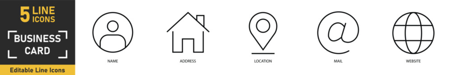 Fototapeta premium Business Card line icon set. Set of 5 outline icons related to name, address, location, mail, website and more. Vector illustration.