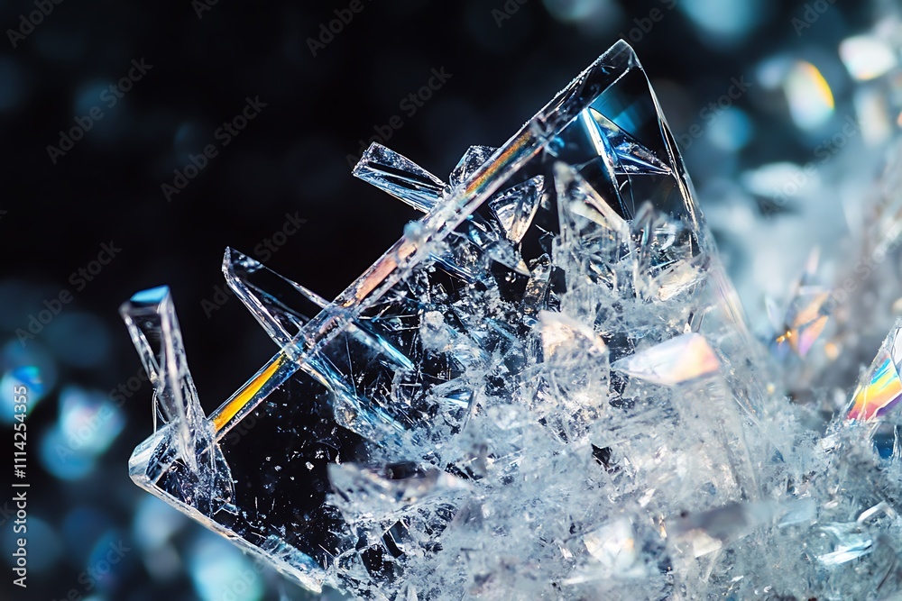 Poster Close-up of a crystalline structure with sharp edges and iridescent reflections against a dark background.