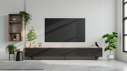 Modern living room interior with a black TV on a black wooden media console and a white wall