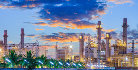 Fototapeta premium Natural Gas Combined Cycle Power Plant ,Gas turbine electrical power plant with in Twilight power for factory energy concept.