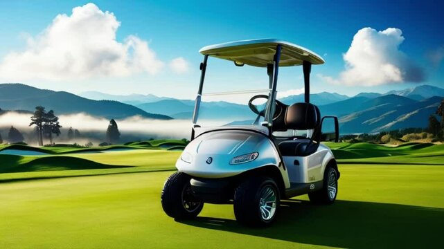 A golf cart on a lush, green golf course with rolling hills and mountains in the background, golf cart in cloudy sky, golf cart in olf course, created with generative ai