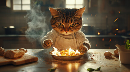 A playful cat in a kitchen setting, focused on a flaming dish, creating a whimsical scene of culinary chaos.