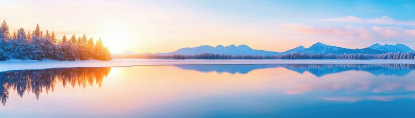 Fototapeta premium Wide winter banner. Serene lake at sunrise with reflections and snow-covered mountains.