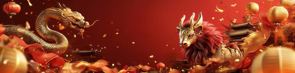 Fototapeta premium Chinese New Year Celebration: Golden Dragon and Lion Dance amidst Red Lanterns and Festive Decorations