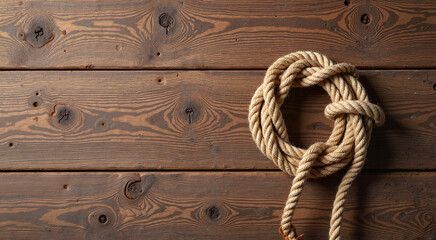 Obraz premium Coiled rope on rustic wooden background with copy space