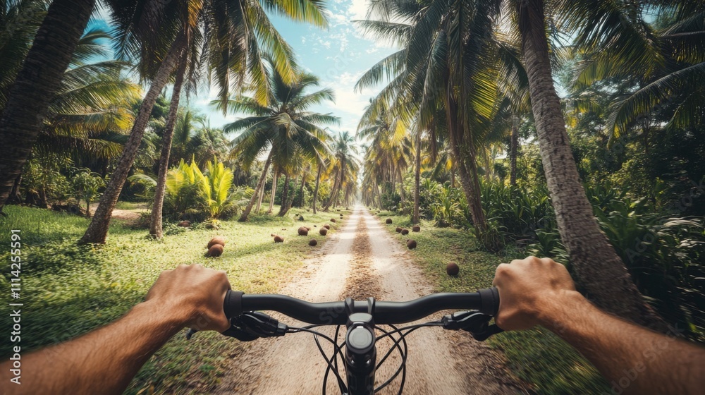 Poster a cyclist enjoys a leisurely ride on a dirt path surrounded by lush palm trees. the bright sun filte