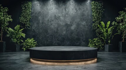 Elegant black matte podium in modern indoor space for events and presentations with lush greenery contemporary design inspiring atmosphere