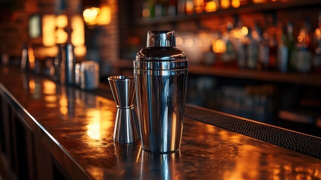 A shiny silver cocktail shaker standing on a bar counter, ideal for showcasing professional bartending tools.