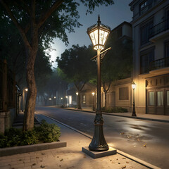 A digital 3D illustration of a lamp on a street at night