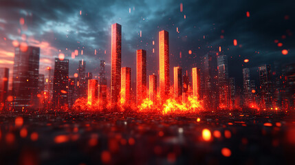 Fototapeta premium dynamic 3D render of rising bar graph amidst fiery landscape, showcasing vibrant orange and red flames against dark, moody sky. scene evokes sense of intensity and transformation