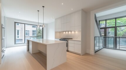 Modern White Kitchen with Marble Island and Bright Lighting