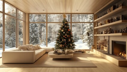Cozy Living Room with Large Windows and Wooden Walls. Christmas Tree, Fireplace, and Snowy View Create a Warm Holiday Atmosphere.