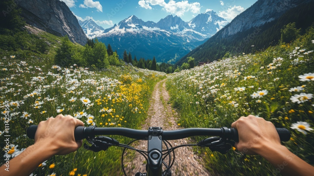 Poster this captivating view showcases a biker navigating a mountain trail surrounded by blooming wildflowe