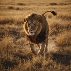 A lion chasing prey across a golden savanna.